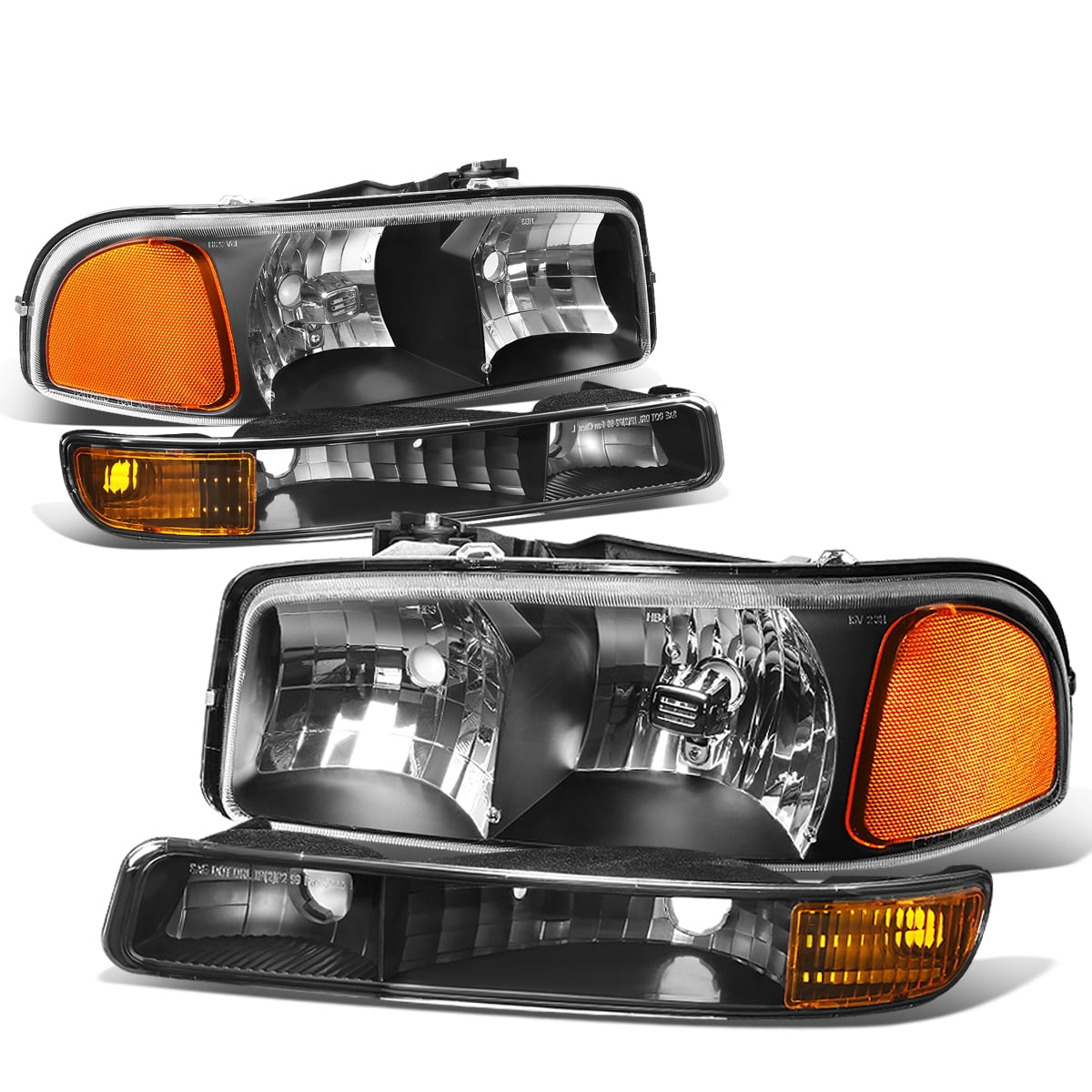 LED DRL Headlights with Bumper Lamps Compatible with GMC Sierra Yukon XL GMT800 99-07 Black Housing Amber Corner Driver and Passenger Side 