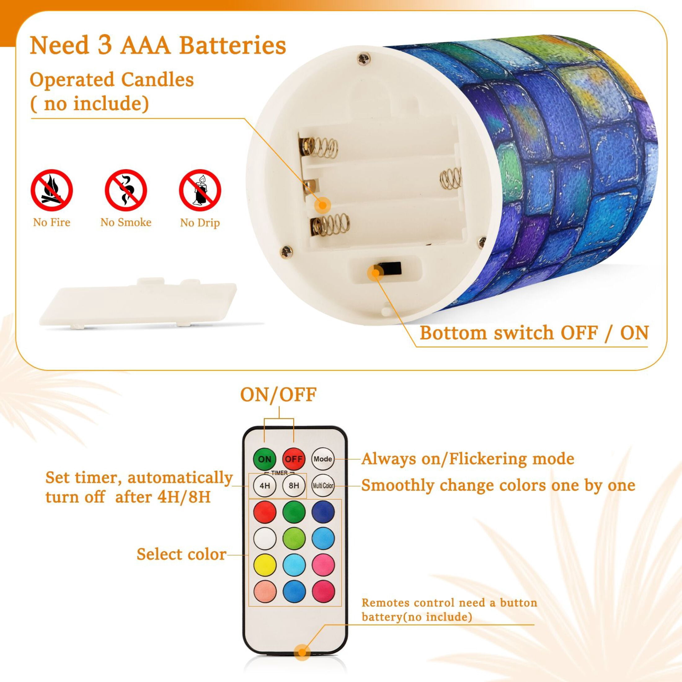 Colorful Small Square Flickering Flameless Candles Battery Operated with Remote Timer LED Pillar Candles Set of 2