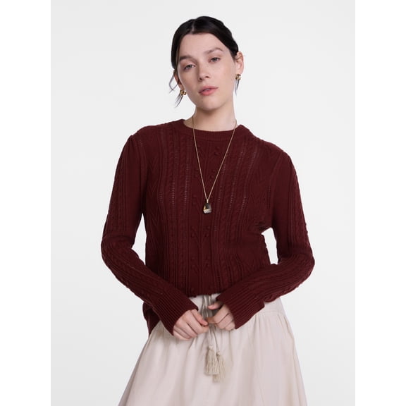 Scenario Women's Pointelle Sweater with Long Puff Sleeves, Lightweight, Sizes XS-XXXL