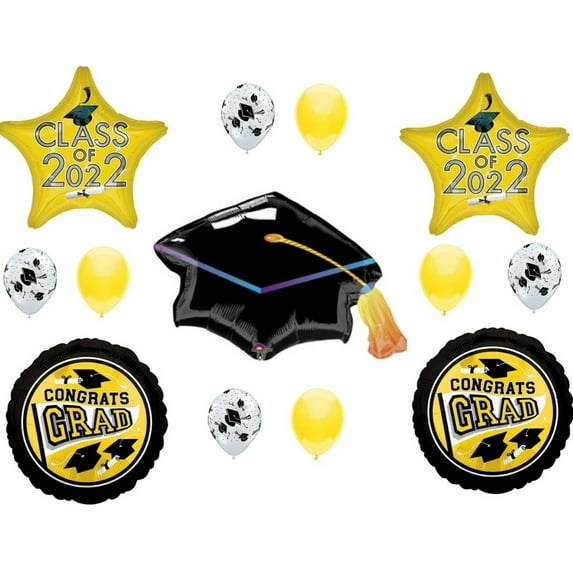 Class of 2022 Yellow Graduation Cap Hat Party Balloons Decorations Grad Graduate Congratulations