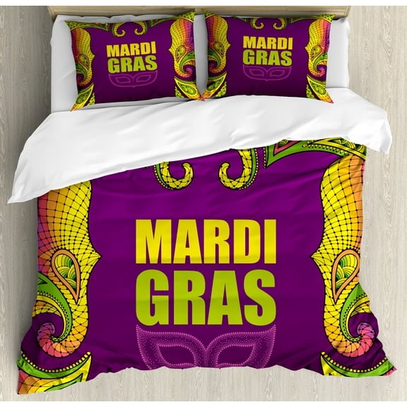 Mardi Gras Duvet Cover Set, Dotwork Style Carnival Colorful Lace Inspired Design Element, Decorative 3 Piece Bedding Set with 2 Pillow Shams, Calking Size, Purple Lime Green Yellow, by Ambesonne