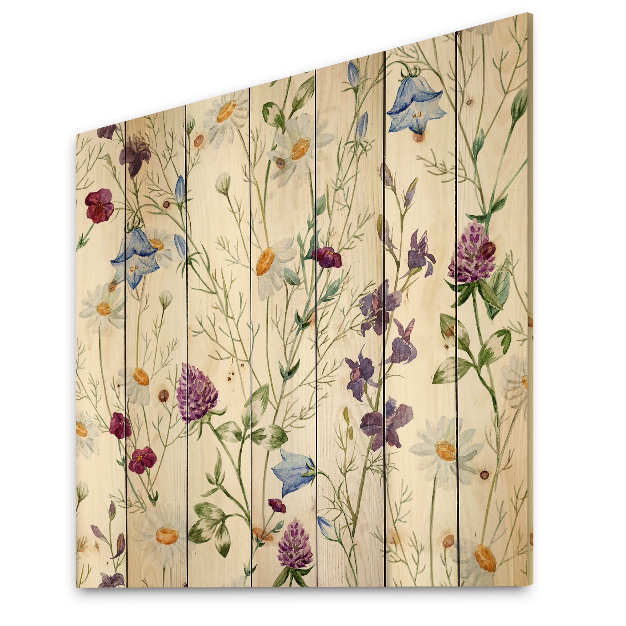 Designart 'Wildflowers Clover Bell and Chamomile I' Traditional Print on Natural Pine Wood