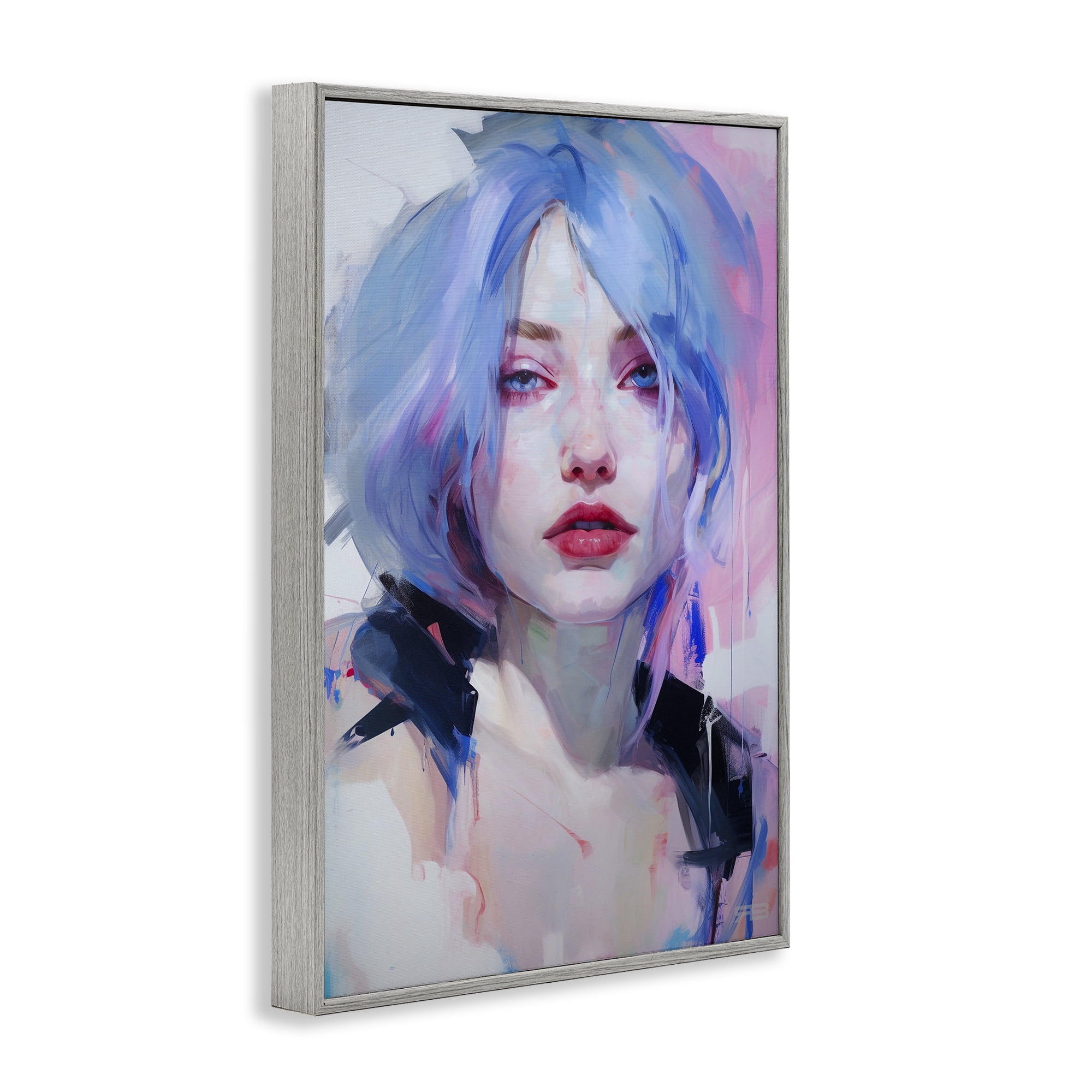 Stupell Industries Blue Haired Woman Visage Novelty Painting Gray Framed Art Print Wall Art, 12 x 18