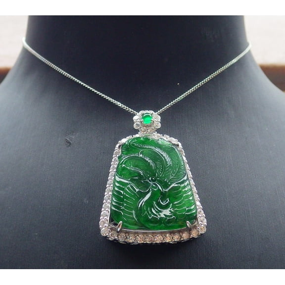 Icy Green Silver 925 Certified Burma 100% Natural A JADE Jadeite pendant Phoenix Necklace 666311 TN