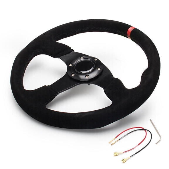 YIUIY Car 14 inch 350mm Red Racing Steering Wheel Suede Leather Flat with Horn Button