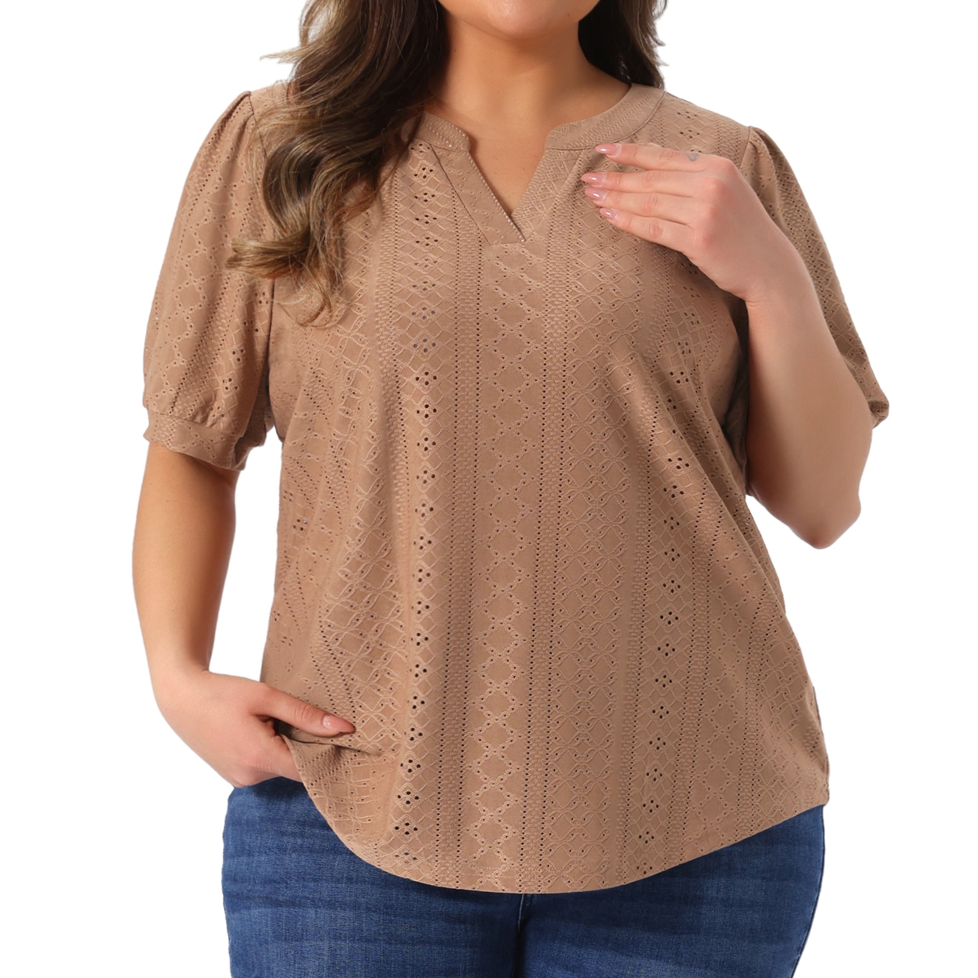 Women's Plus Tops Hollow Casual V Neck Short Sleeve Summer Blouse Shirts 1X Camel