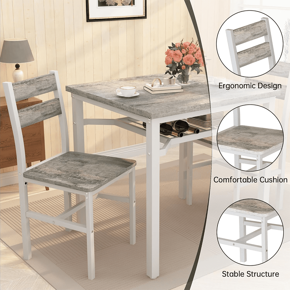 LinkRomat Small Dining Table for 2, Wooden Dinner Table with Storage, 3 Piece Farmhouse Square Dinette Set for Dining Room, Apartment, Small Space