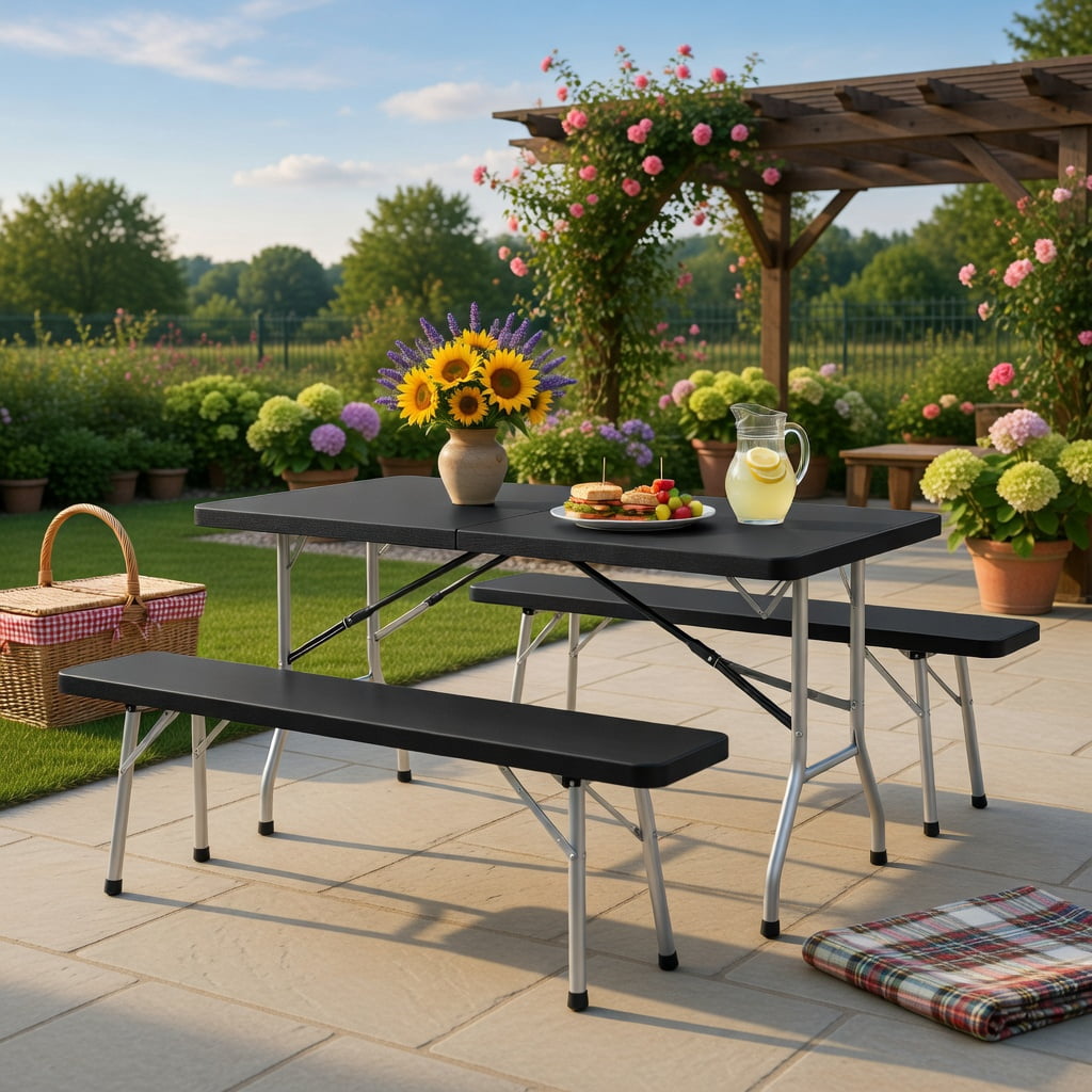 Hommoo 5FT Foldable Picnic Table with Wood-Grain HDPE Top, Non-Slip Feet & Reinforced Steel Frame, Outdoor/Indoor Table for 4-6 People, Black