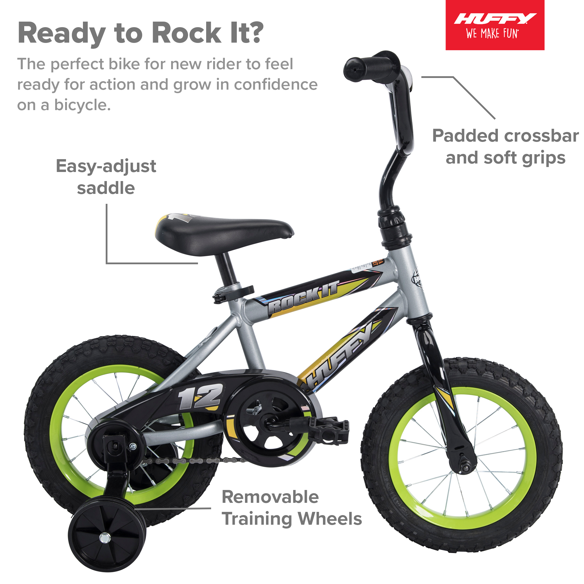 Huffy 12 in. Rock It Kids Bike, for Boys Ages 3 and up Years, Child, Grey Matte and Lime - image 3 of 9