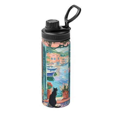 

Goofa Coastal Cat By The Window Print 18oz Sports Insulated Kettle With Straw Water Bottle Sports Water Bottle For Running Hiking Cycling Climbing Mans Womans
