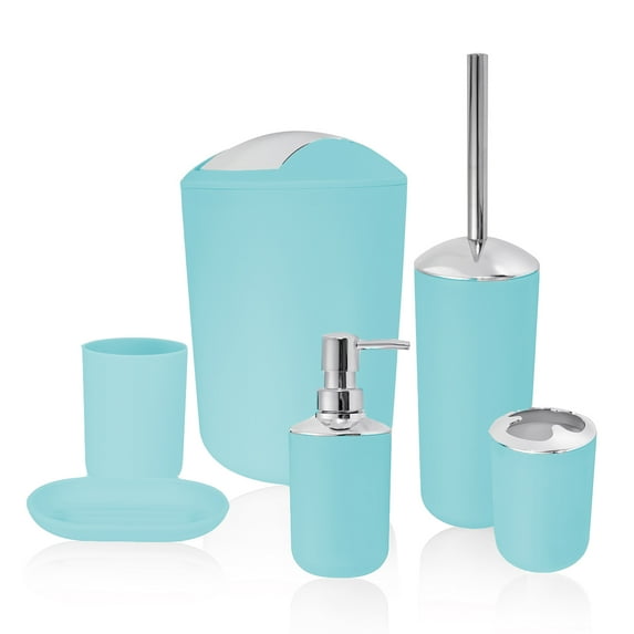 Bathroom Accessories Set 6 Pcs Plastic Gift Set Home Bathroom Cleaning Tools-Lotion Dispenser Toothbrush Holder Tumbler Cup Soap Dish Trash Can Toilet Brush Set