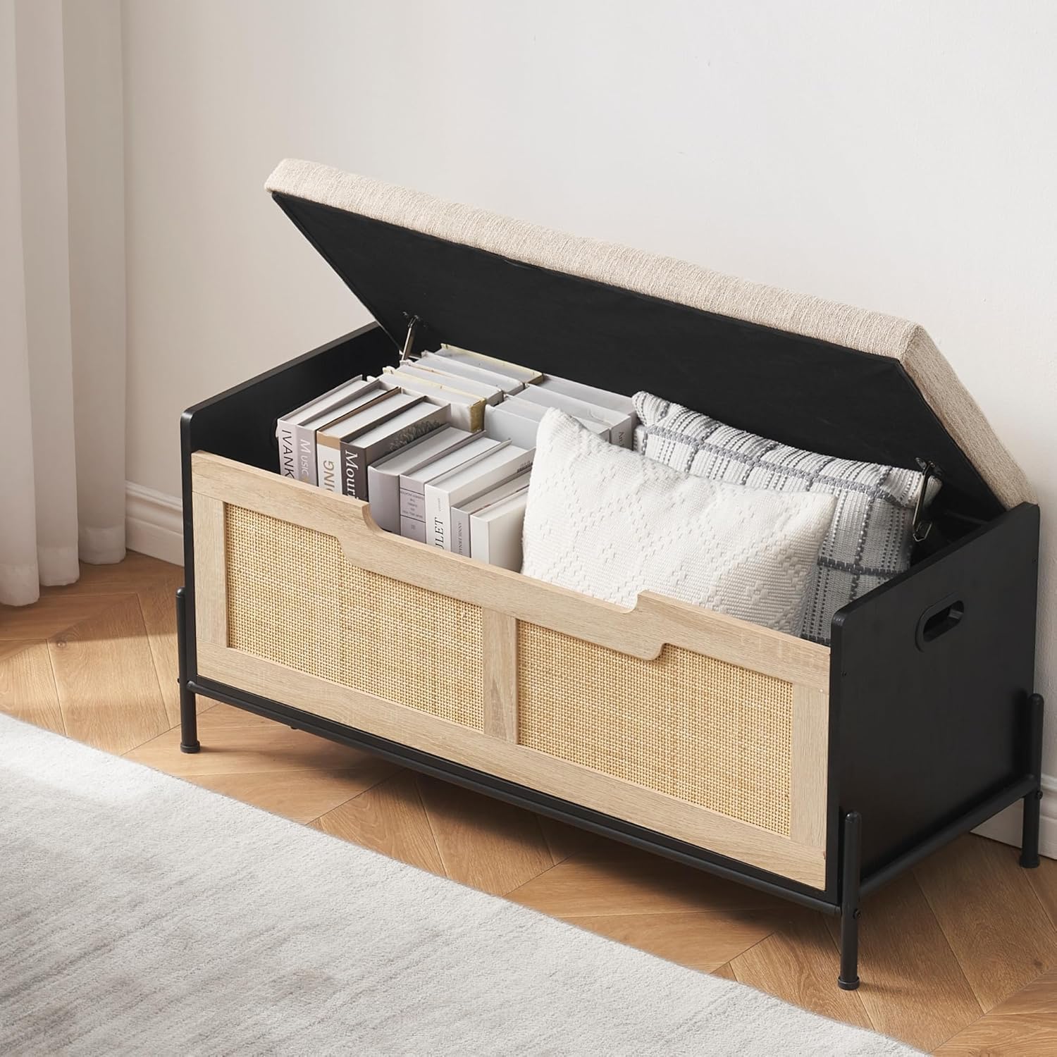Rattan Storage Bench with 2 Safety Hinges, Toy Box, Entryway Storage Chest with Cushion, Supports 260 lb, Black
