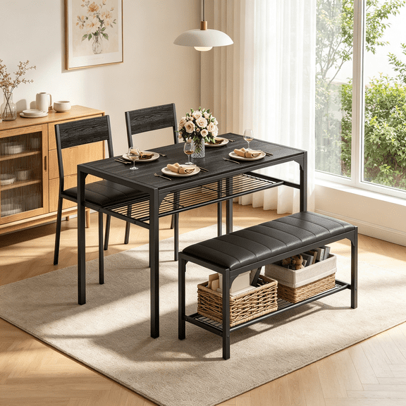 Dining Table Set for 4, Jolifa 4-Piece Kitchen Table Set with 2 Backrest Chairs and Bench with Storage Rack, Nesting Space-Saving Dining Set for Apartment, Kitchen, Living Room, Black