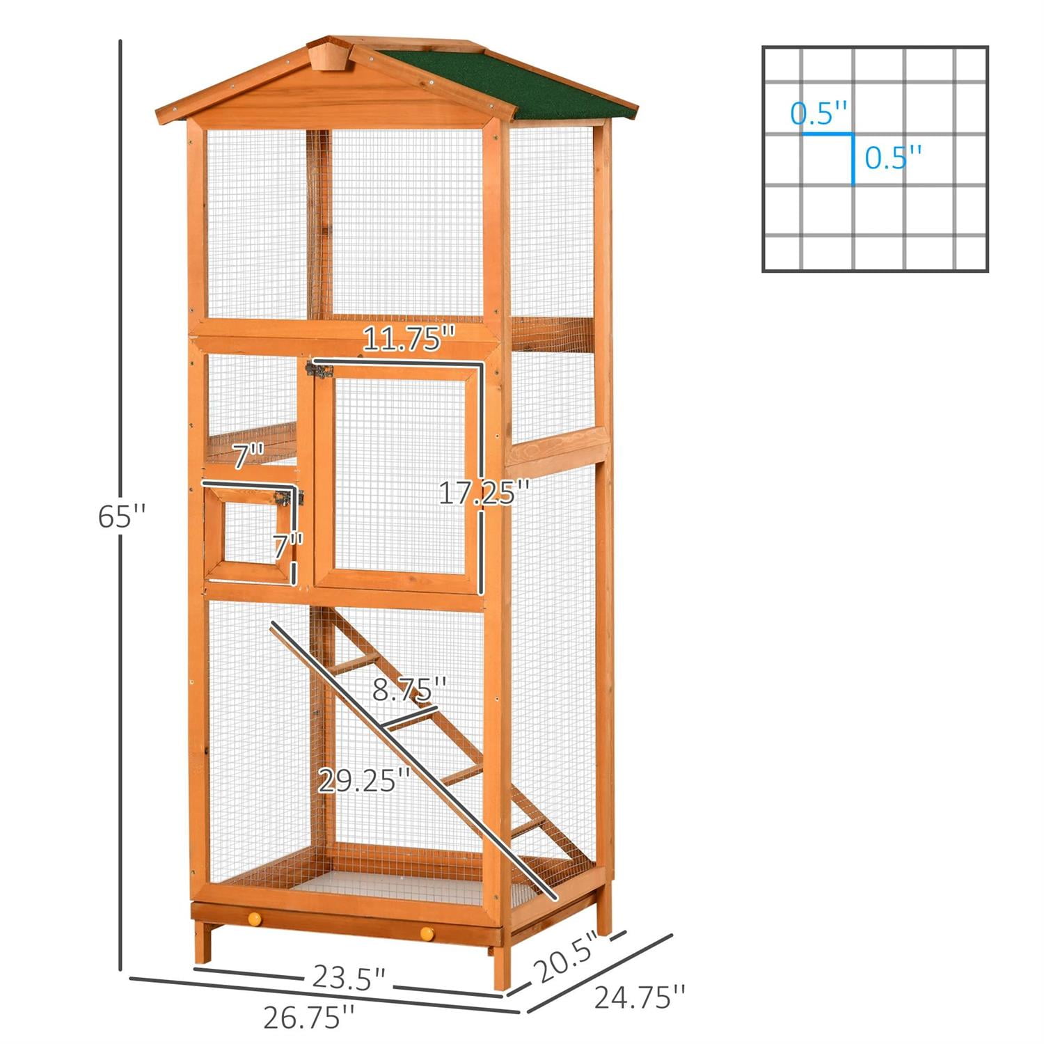 Pefilos Outdoor Bird Aviary, 65" Wooden Birdcage with Pull Out Tray 2 Doors, Ideal for Small Birds, Finches, Orange