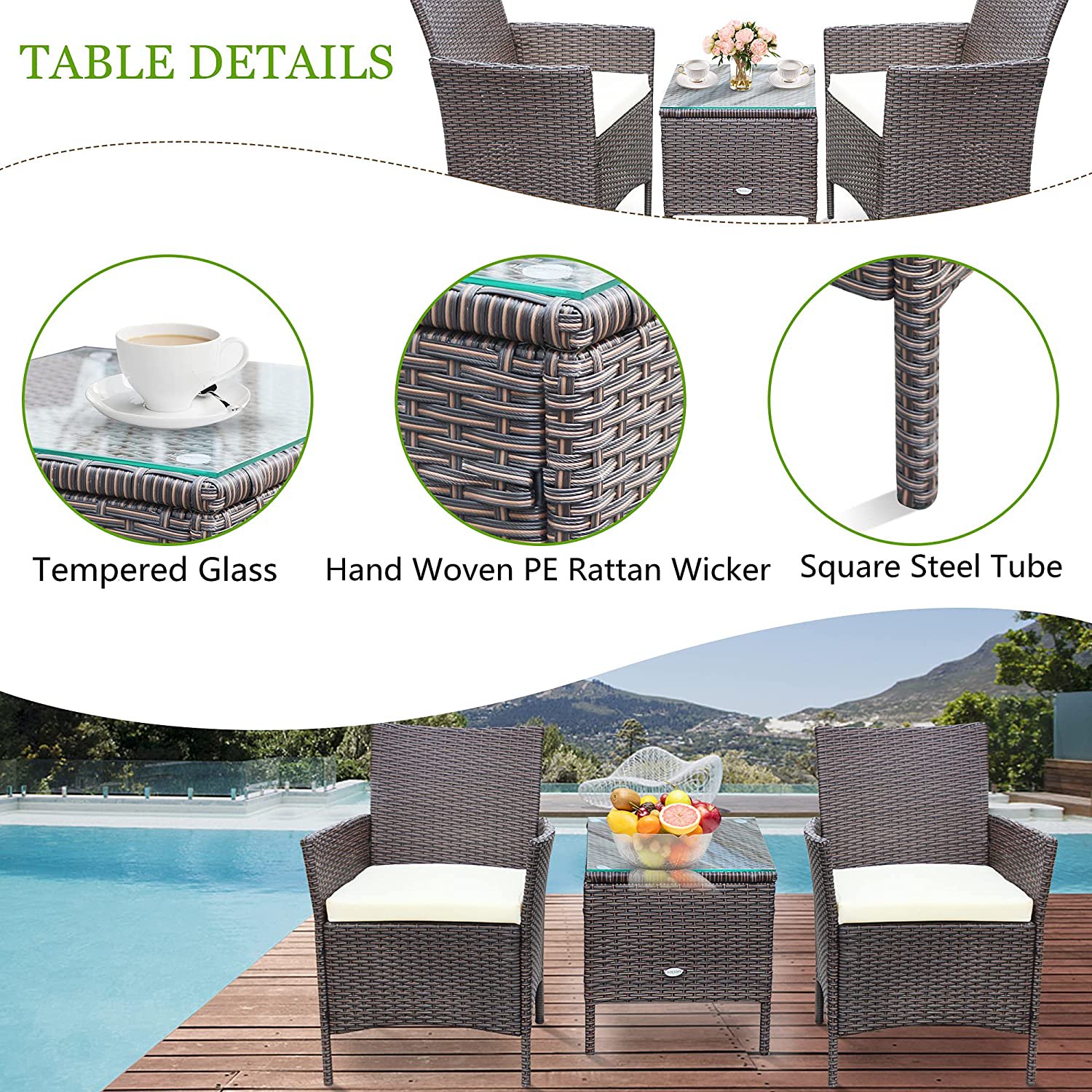Lacoo 3 Pieces Outdoor Patio Furniture PE Rattan Wicker Table and Chairs Set Bar Set with Cushioned Tempered Glass, Brown/Beige, 2 - image 5 of 7