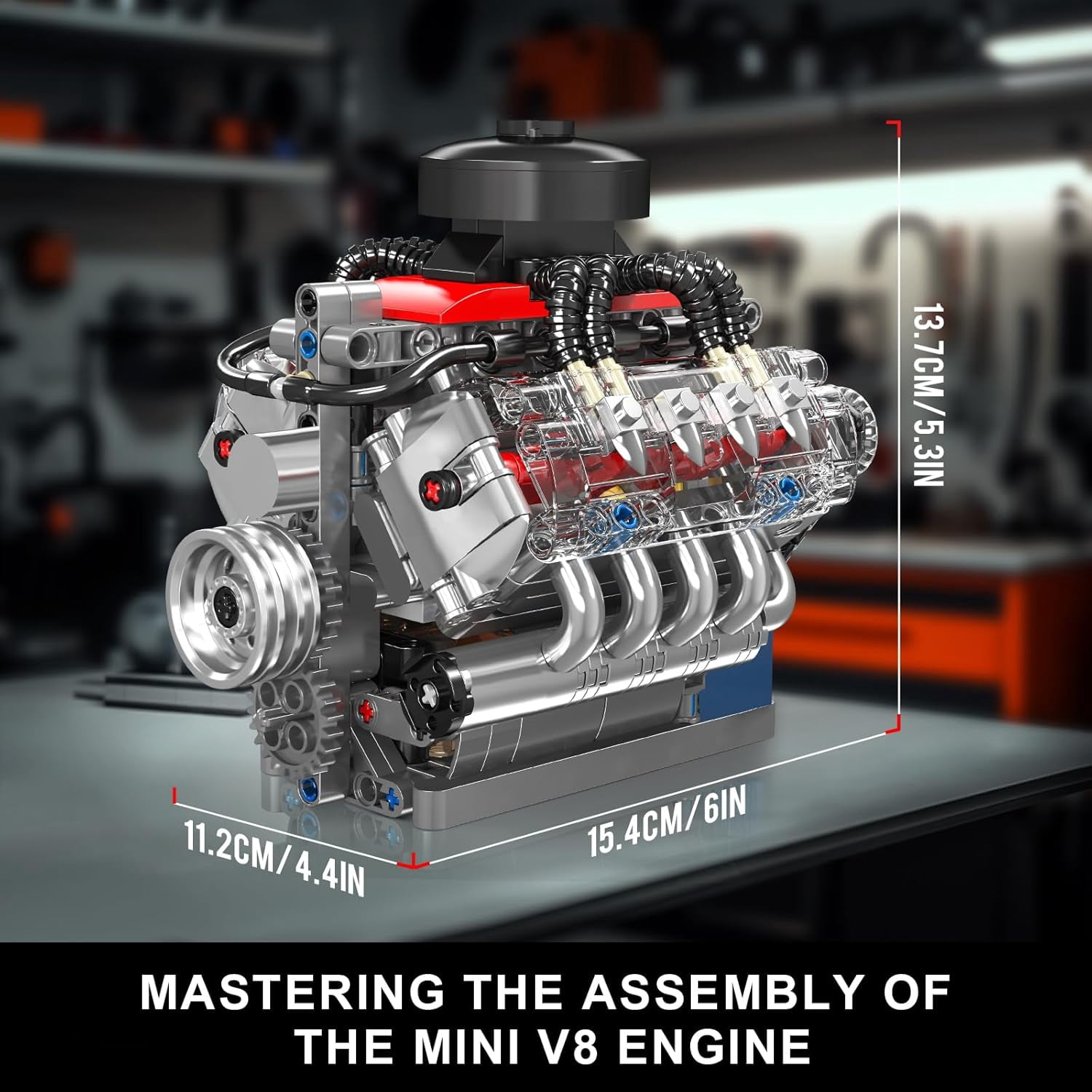 Engine Model Kit That Works, 8 Cylinder Car Engine with Motor, Building Blocks Collectibles for Adults, STEM Build Set (487 Pieces)