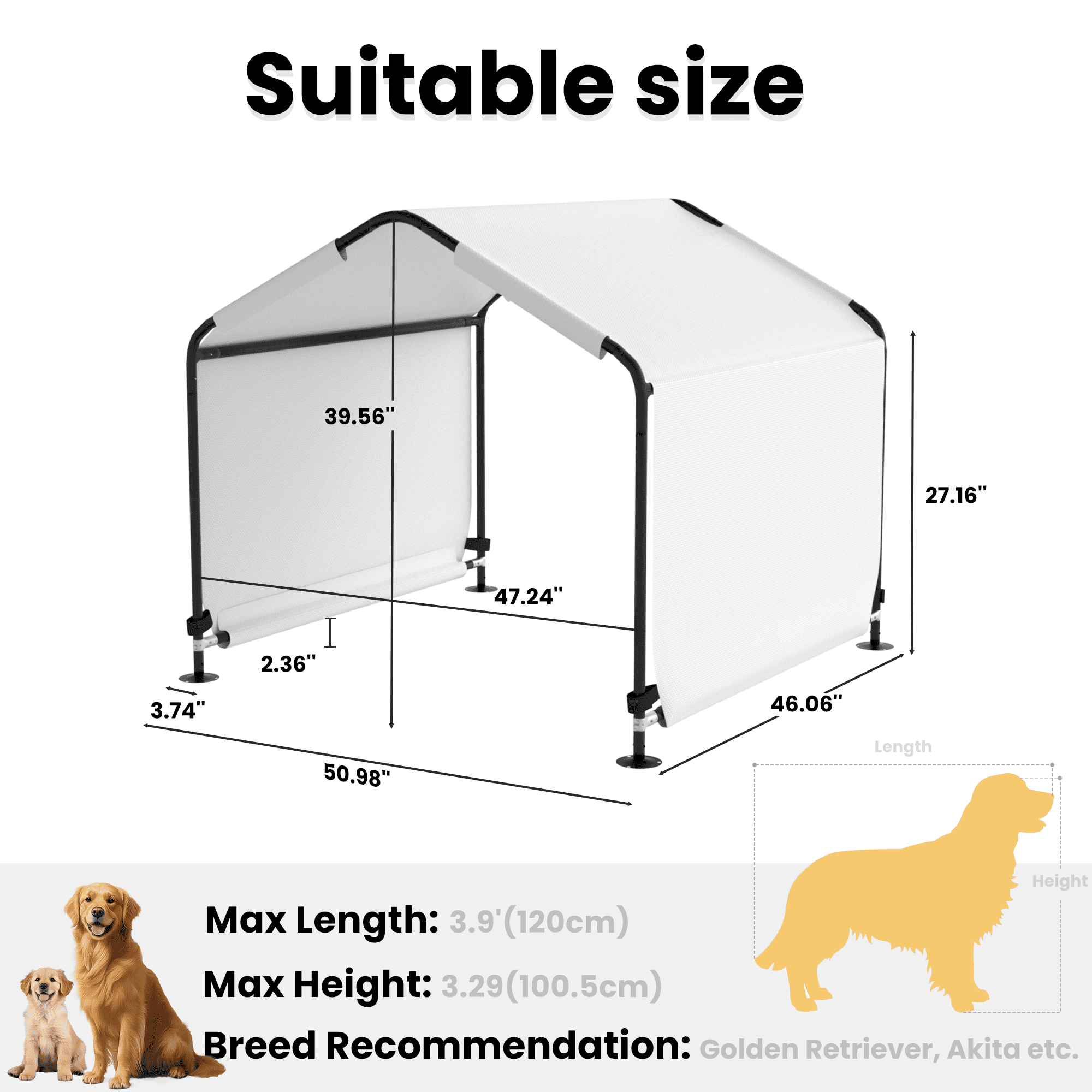Outdoor Dog Shade Shelter 4'x4'x3' Portable Dog Tent Sun Rain Canopy for Outside Pet House for Large Medium Dogs, Cats, Pigs w/ Waterproof Roof, Ground Nails, White