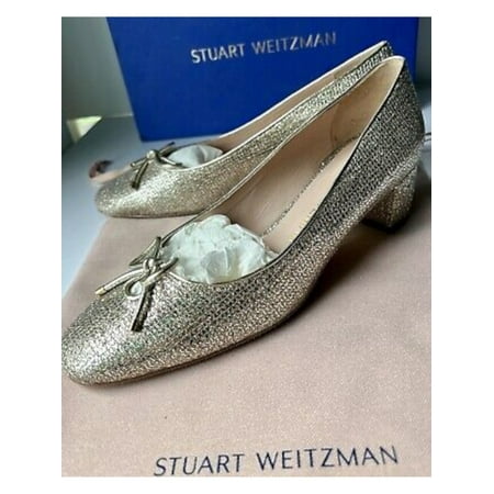 

STUART WEITZMAN Womens Beige Glitter Bow Accent Padded Gabby Round Toe Block Heel Slip On Dress Pumps Shoes 6.5 M