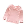 thumbnail image 2 of Baby Girl Kids Cotton Peter Pan Collar Long Sleeve Solid Color Top Cute T-shirt White 130cm, 2 of 8