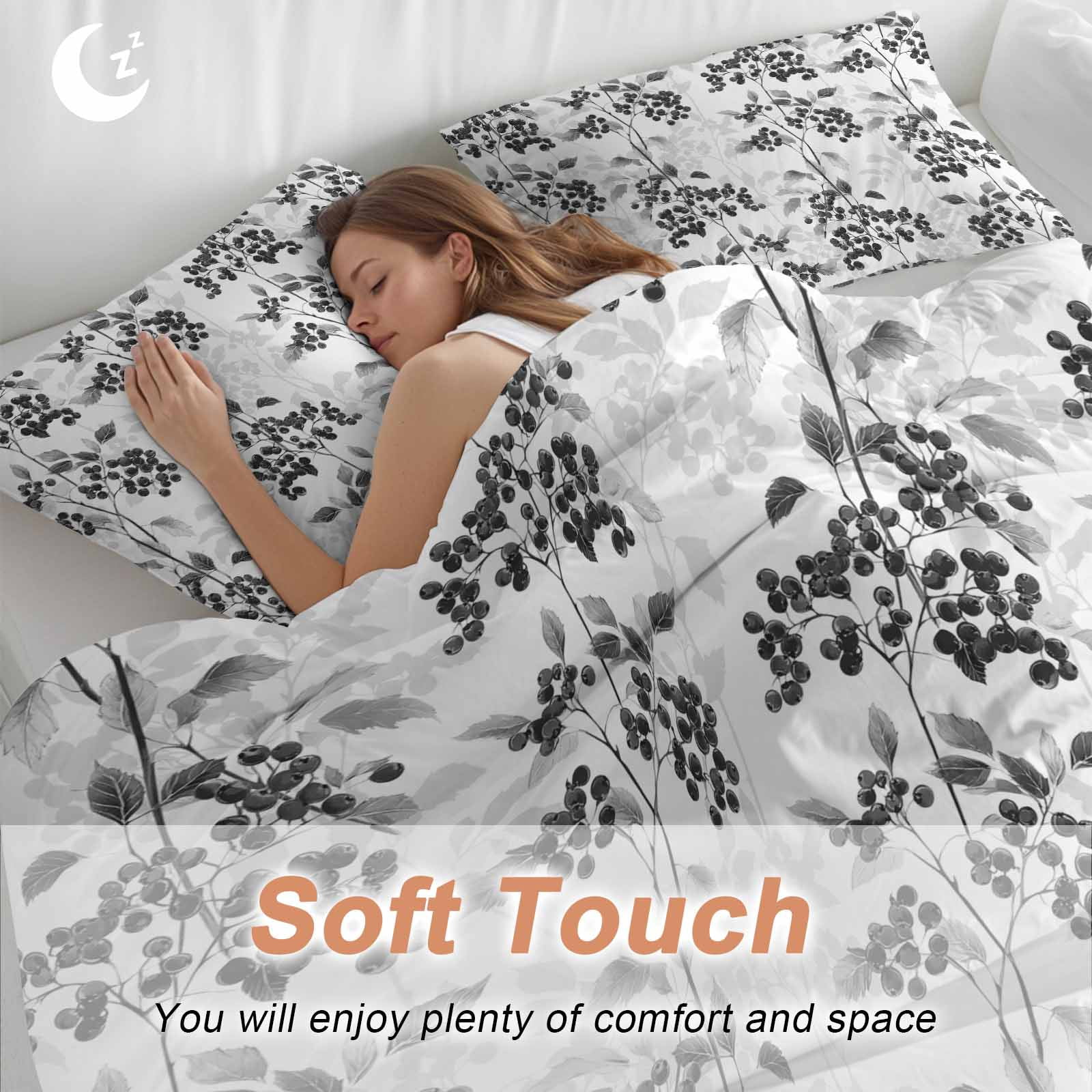 Black Gray Fruit Bedding 3 Piece Duvet Cover Set California King, Vintage Plant Nature Botanical Flower Soft Microfiber Comforter Cover with Zipper Closure & Pillowcases, FadeResistant Quilt Cover