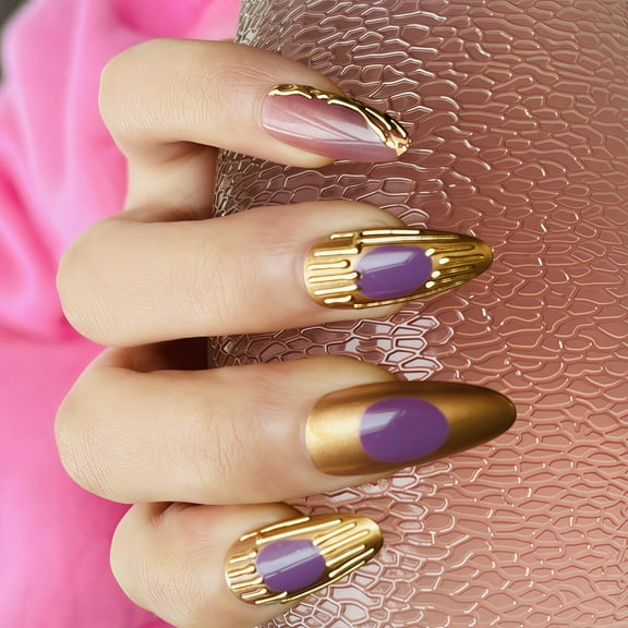 24 Pieces Almond Shaped Press On Nail Medium Length False Nail With 3D Design Artificial Nail For Elegant Look