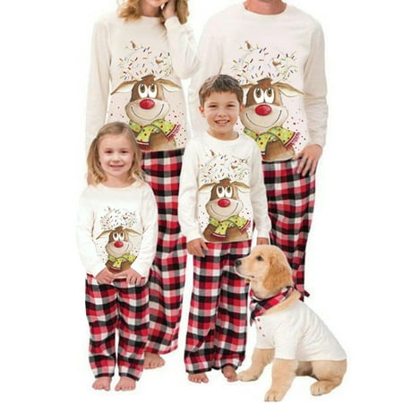 

Sunisery Christmas Family Matching Pajamas Set Cartoon Elk Plaid Long Sleeve Tops Pants Sleepwear Nightwear