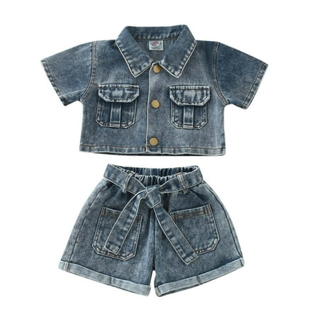

Toddler Outfits Sets For Teens Girls Summer Short Sleeved Denim Tops Solid Colour With Belt 3Pcs Jean Kids Clothes Suit