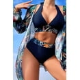 thumbnail image 4 of Women's Navy Blue 3pcs Tropical Contrast Trim Halter Bikini Set with Cove up, 4 of 4