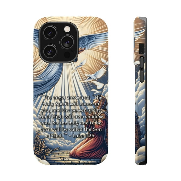DistinctInk Tough Case for Apple iPhone 15 Pro MAX (6.7" Screen), Compatible with MagSafe Charging - "The Holy Spirit's Power: Luke 1:35 - Son of God"