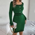 thumbnail image 4 of Ediodpoh Women Autumn Winter Knitted Block Striped Long Sleeve Midi Dress Sweater Dress with Square Neck Buttons Green XL, 4 of 6