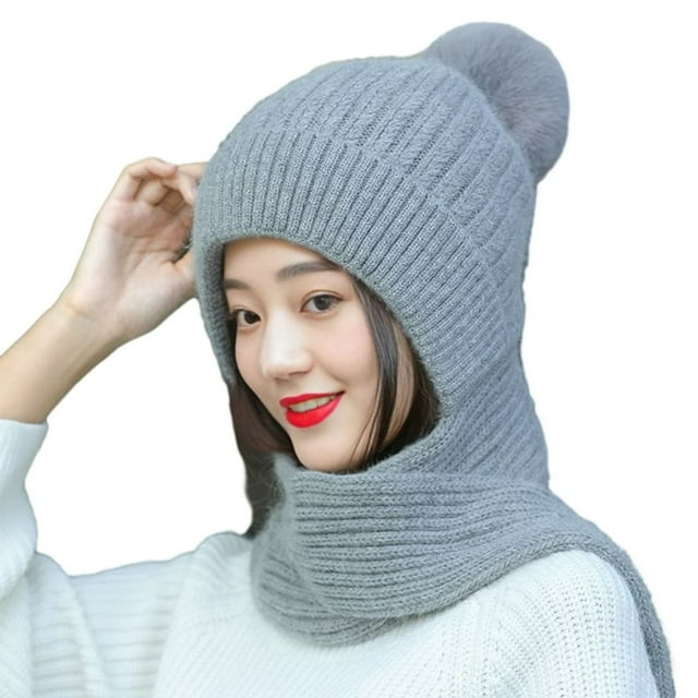 Women Winter Hat Thick Knitted Solid Color Scarf Connected Neck Protection Windproof Cozy Plush Ball Decor Lady Outdoor Cap