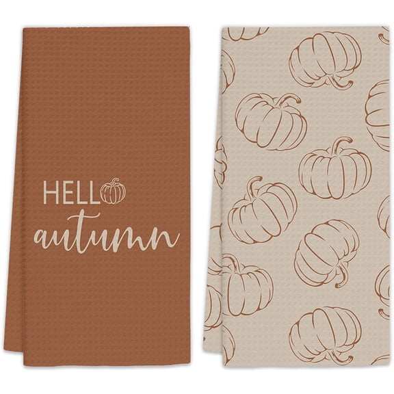 Fall Pumpkin Autumn Kitchen Towels Set of 2, Beige Fall Dish Towel, Hello Autumn Pumpkins Decorative Hand Towels for Kitchen Bathroom, Pumpkin Home Bathroom Decor