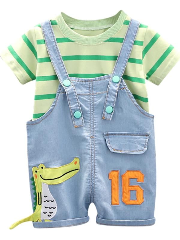 Kids Tales Infant Boy 2PCS Handsome Bow Shirt+Denim Bib Shorts Overalls 