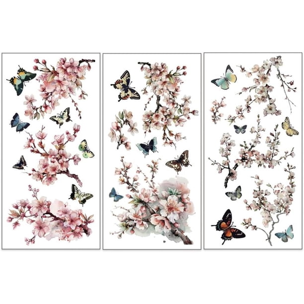 Juego de 3 calcomanías Sakura para muebles y manualidades, 6x12 pulgadas, con diseño de flores de cerezo y mariposas.