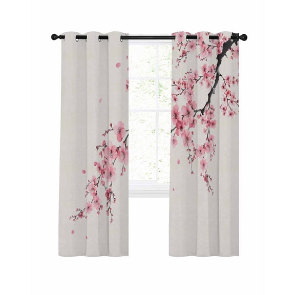 Cherry Blossoms Blackout Curtains for Bedroom Living Room, Watercolor Pink Floral 63 In Long Thermal Insulated Room Darkening Drapes Grommet Window Treatments, 42 x 63 In