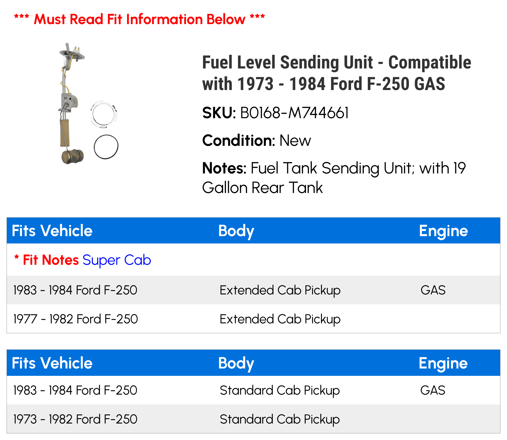 Fuel Level Sending Unit Compatible with 1973 1984 Ford F-250 GAS 1974  1975 1976 1977 1978 1979 1980 1981 1982 1983
