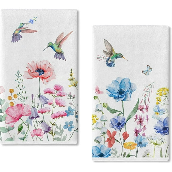 Summer Anemone Flower Hummingbird Kitchen Dish Towel Set of 2, Wild Floral Ultra Absorbent Hand Drying Baking Cooking Cloth, Spring Seasonal Decor Home Decorations 18 x 26 Inch