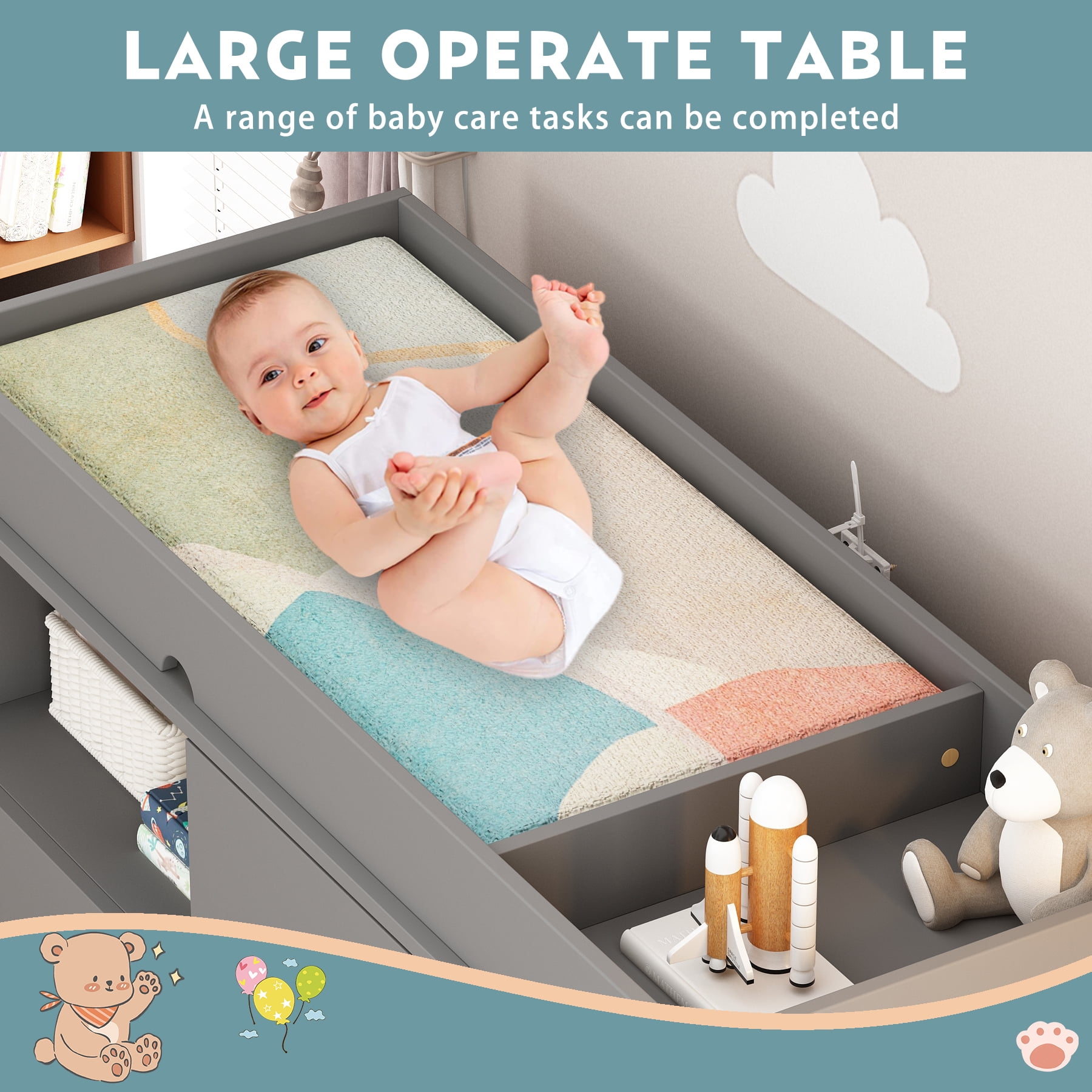 Oxylife Baby Nursery Changing Table Dresser with 3 Drawers and Shelf, Gray