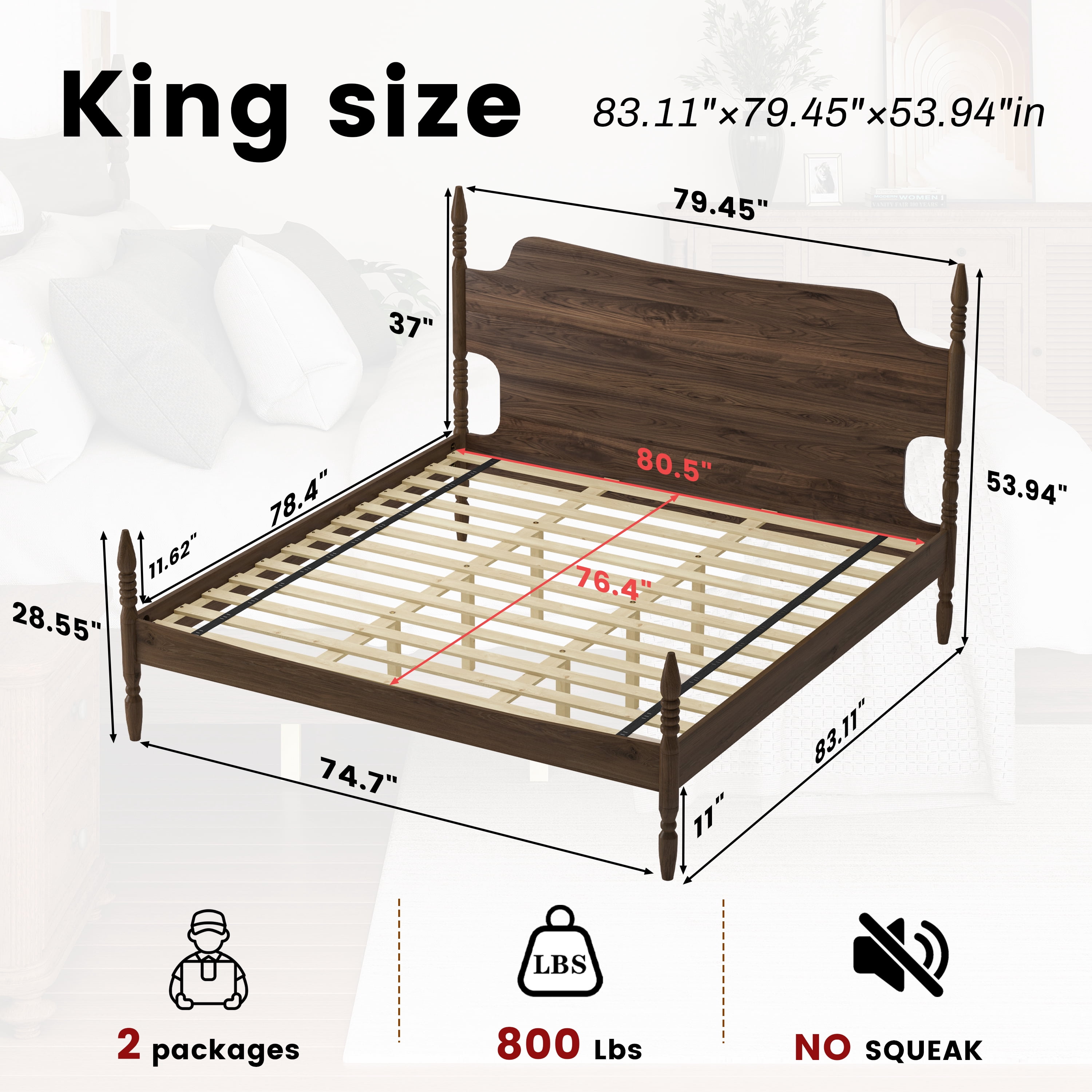 Mintazer Retro King Size Spindle Bed, Solid Platform Bed Frame with Curved Tall Headboard, No Box Spring Needed, Walnut
