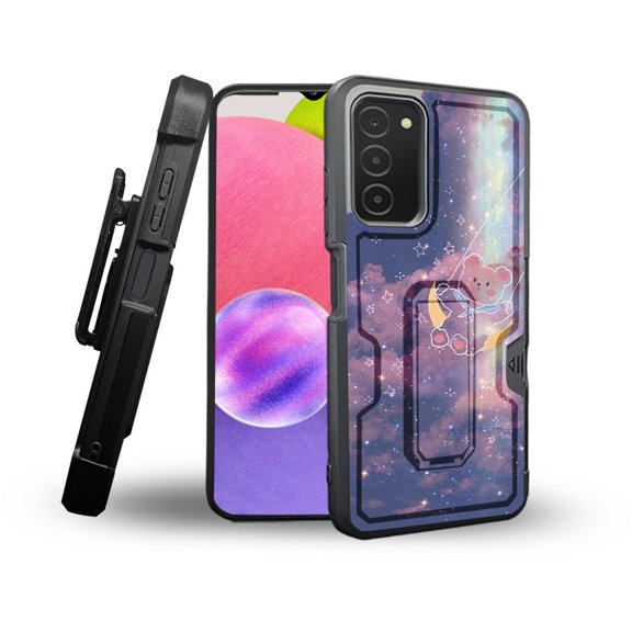 ANJ  Rugged Shockproof Holster Case Card Slot Kickstand   Tempered Glass Cover for Samsung Galaxy A03s - Bear Moon Swing