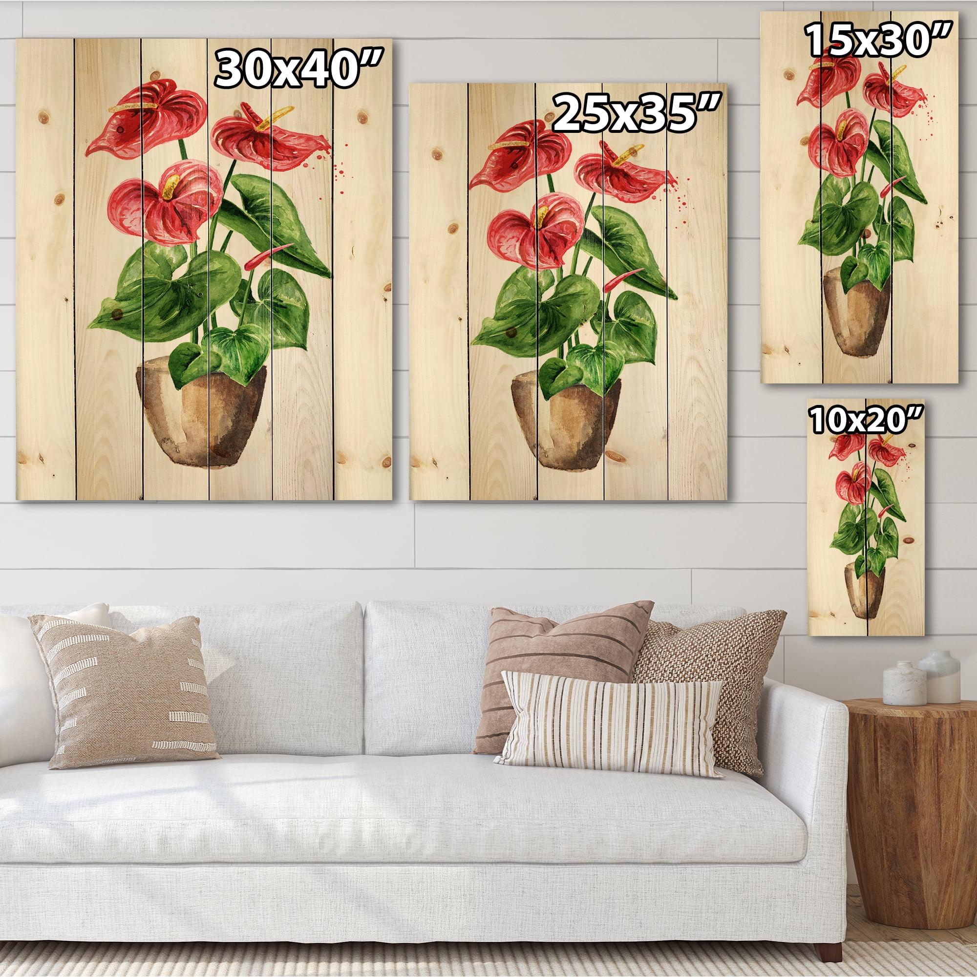 Designart 'Anthurium Tailflower In The Pot' Traditional Print on Natural Pine Wood