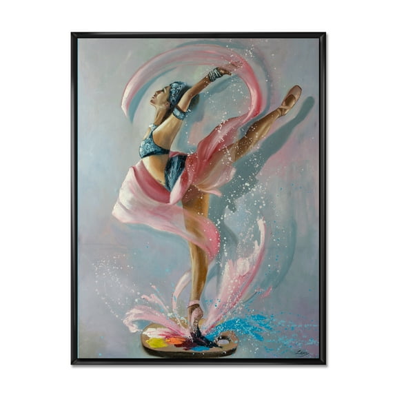 Designart 'Graciously Dancing Girl In Pink Drapes' Traditional Framed Canvas Wall Art Print