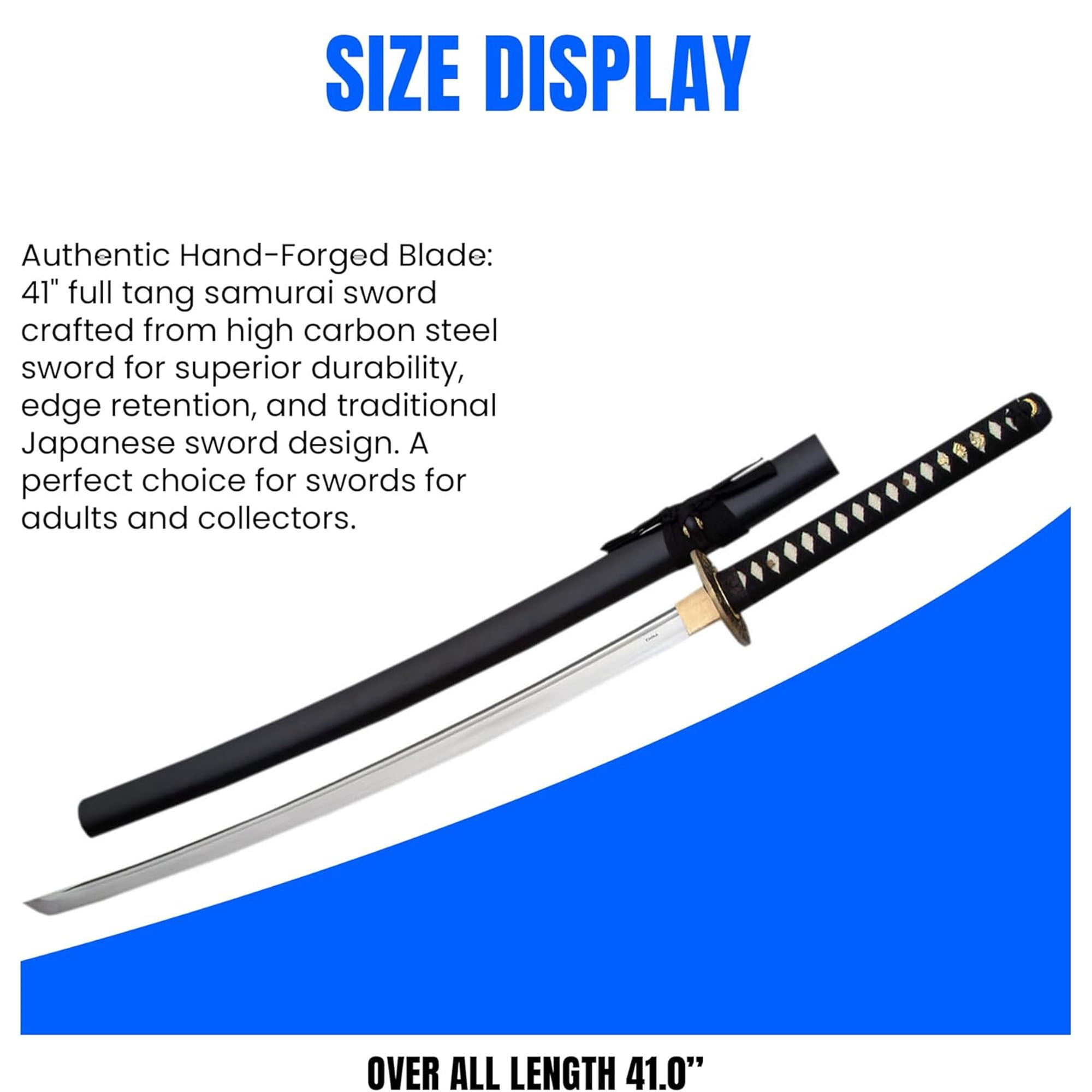 SZCO 41" Hand Forged Samurai Katana Sword Full Tang Stainless Steel Blade Black Scabbard, Display Stand & Gift Box for Cosplay & Display