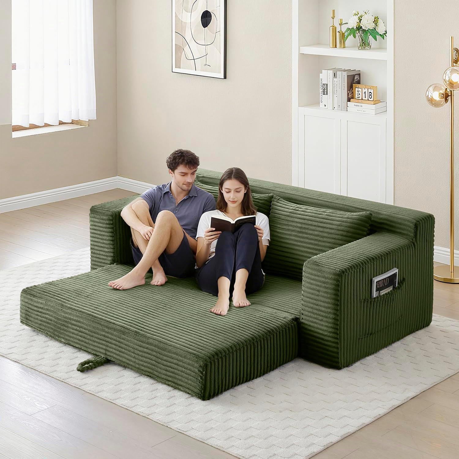73" 2-in-1 Convertible Sofa Bed, Memory Foam Corduroy Loveseat, No Assembly, Green