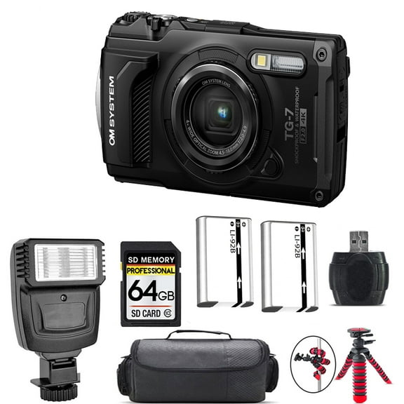 Olympus OM SYSTEM Tough TG-7 Digital Camera (Black) Extra Battery Flash - 64GB Kit