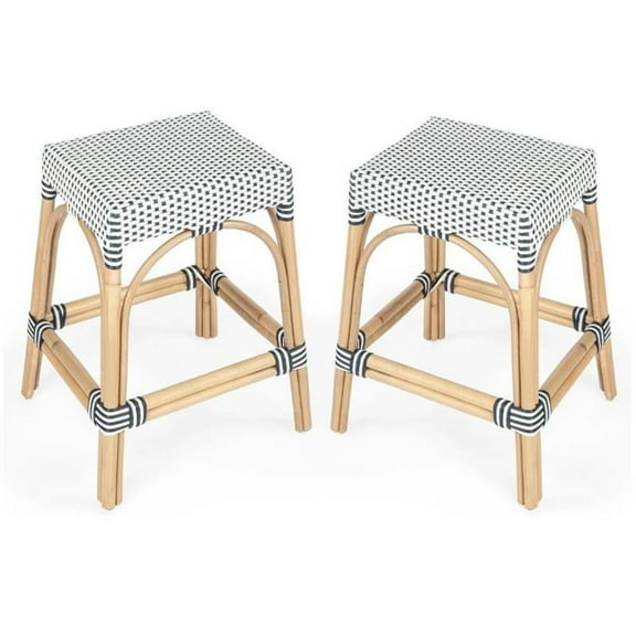 Home Square 2 Piece Rattan Counter Stool Set in Navy and White