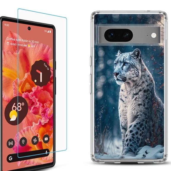 OneToughShield ® for Google Pixel 7a Shockproof Bumper Phone Case, with Tempered Glass Screen Protector - Snow Leopard