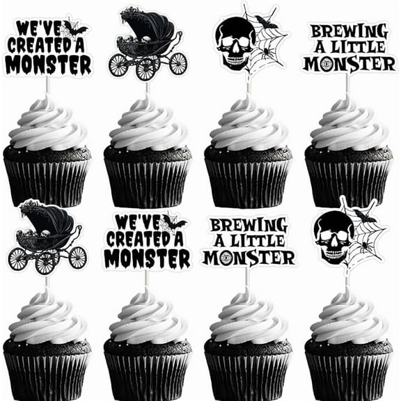36Pcs Halloween Baby Shower Cupcake Toppers, Brewing A Little Monster Cupcake Picks Carriage Spider Web Cake Decorations for Gneder Reveal Newborn Welcome Party Supplies