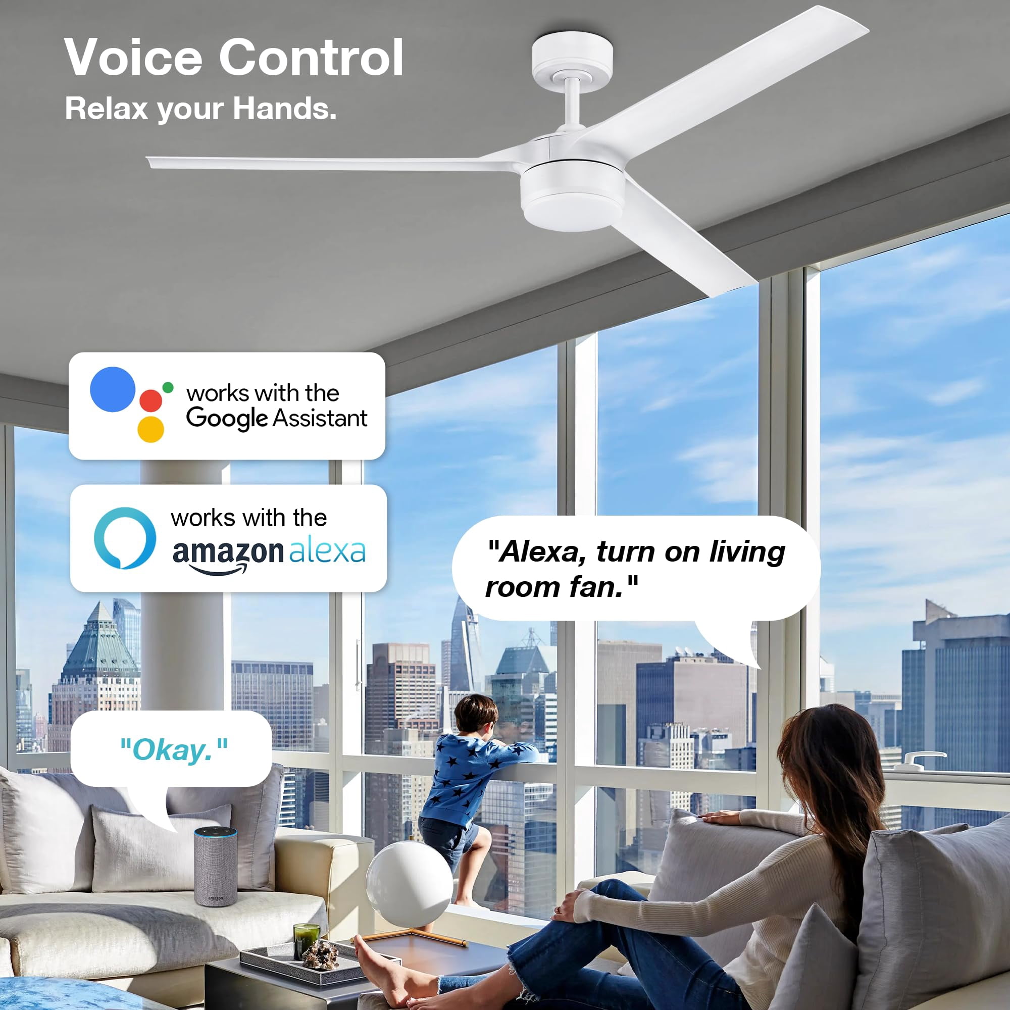 60" Large Smart Ceiling Fans with LED Lights and Remote,Quiet DC Motor,Dimmable,Outdoor Indoor Matte White Ceiling Fan Controlled by WIFI Alexa App,Modern 3 Blade for Bedroom Living Room Patio