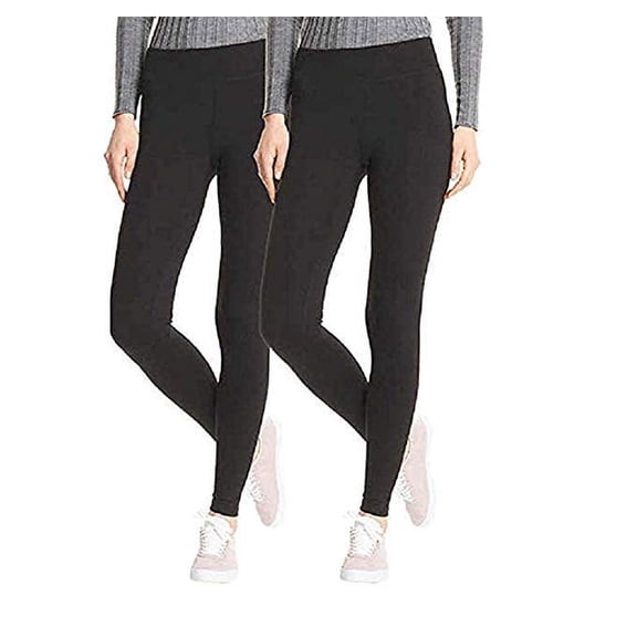 HUE Cotton Leggings, Wide Comfortable Waistband, Mid-Rise 2 Pack, Black, Large